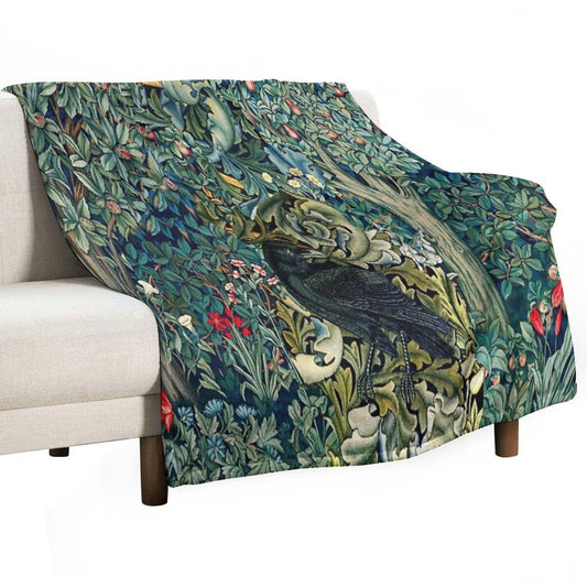GREENERY, FOREST ANIMALS ,RAVEN ON ACANTHUS LEAVES Blue Green Floral Throw Blanket