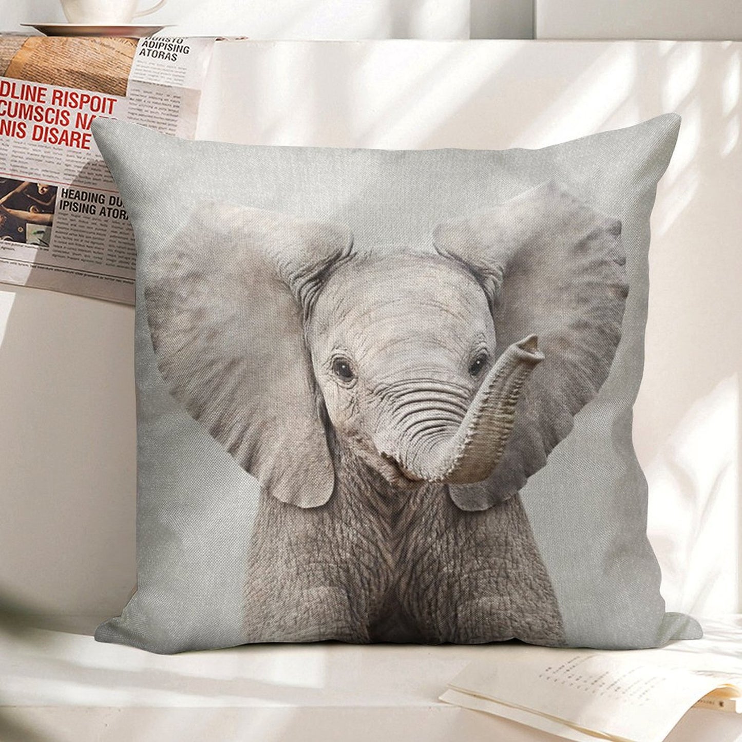 Baby Elephant - Colorful Linen Throw Pillow Cover