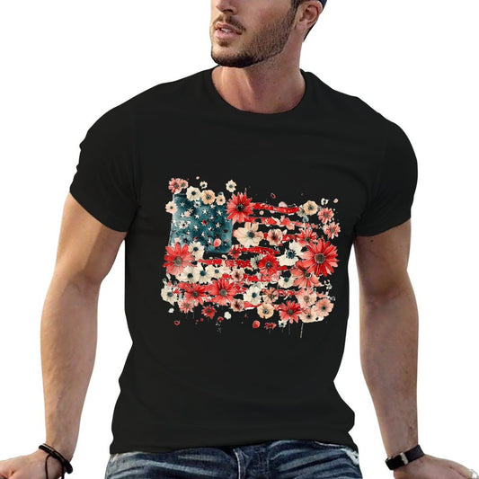 Floral American 4th of July Watercolor Vintage USA  Trendy Pattern T-Shirt