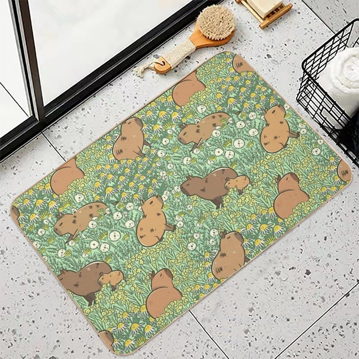 Capybaras Meadow in Green And Yellow Bath Mat