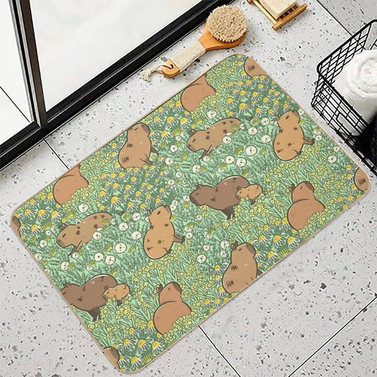 Capybaras Meadow in Green And Yellow Bath Mat