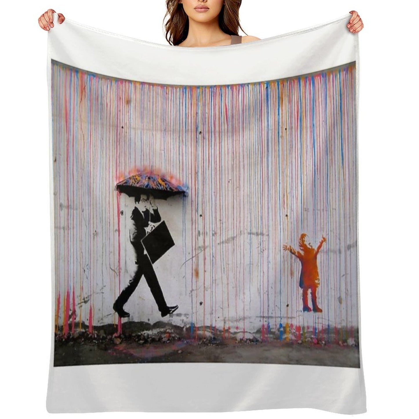 Banksy Umbrella Rainbow Happy Girl Throw Blanket