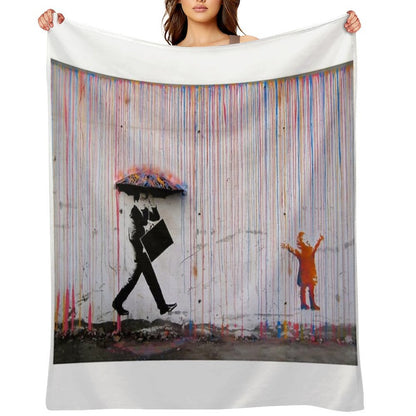 Banksy Umbrella Rainbow Happy Girl Throw Blanket