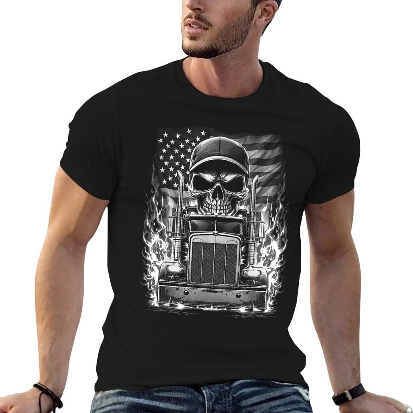Trucker Patriotic American Flag Semi Truck Driver Skull T-Shirt