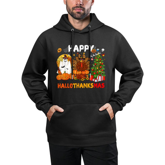 Retro Happy Hallothanksmas Halloween Thanksgiving Christmas Medium-Weight Fabric Hoodie