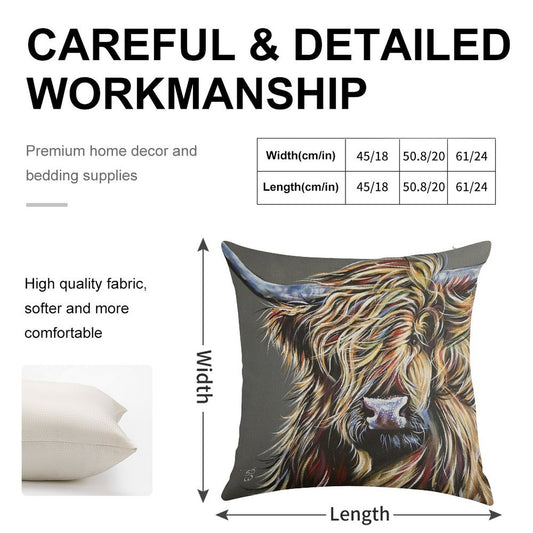 Beau The Colourful Highland Cow Linen Throw Pillow Cover