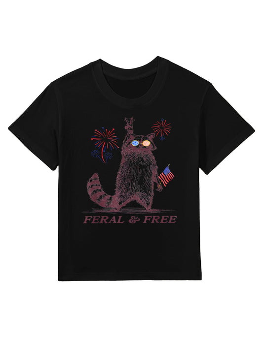 Feral & Free Funny Patriotic Racoon Feral And Free 4th July Kids T-Shirt