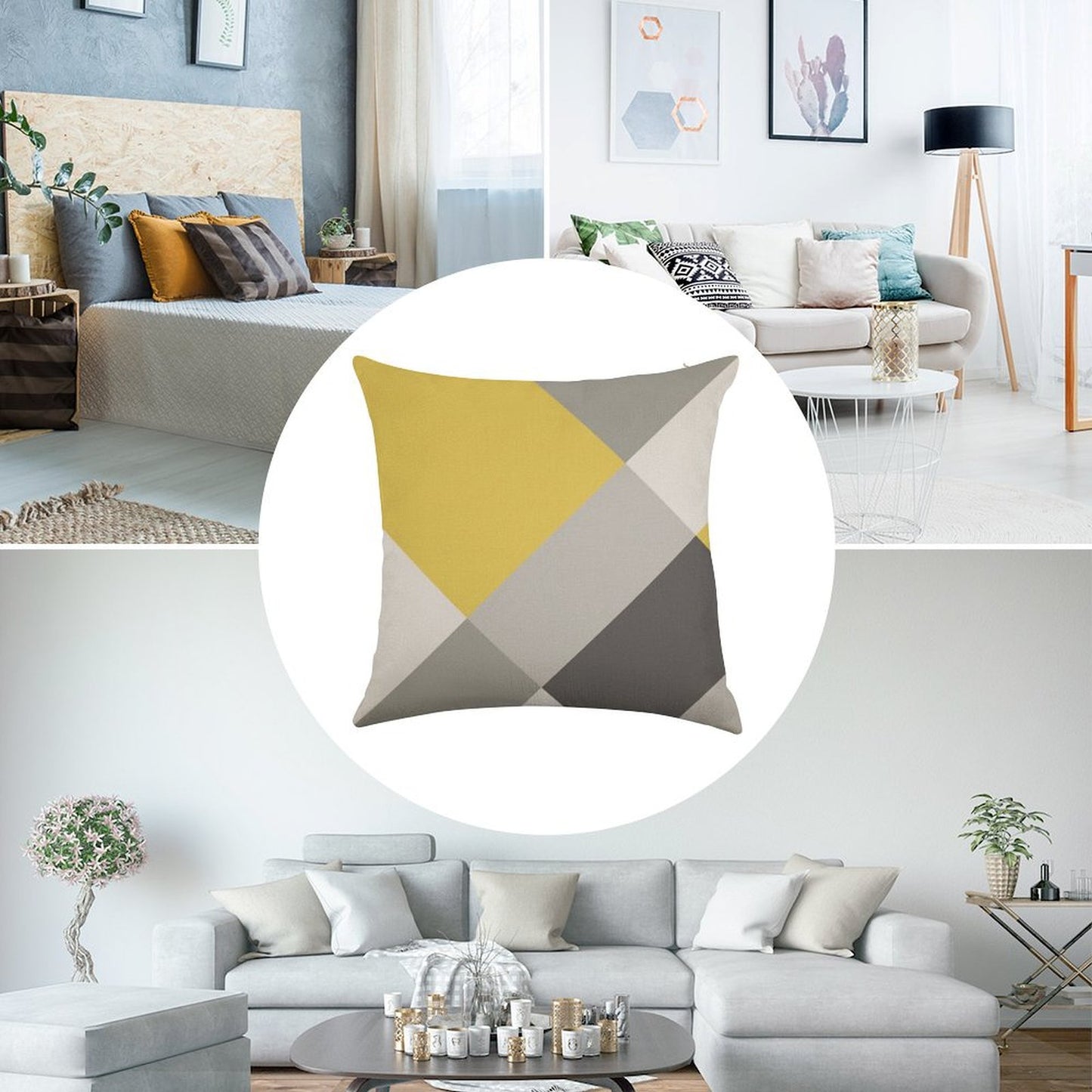 Mustard & Grey Patchwork Linen Throw Pillow Cover