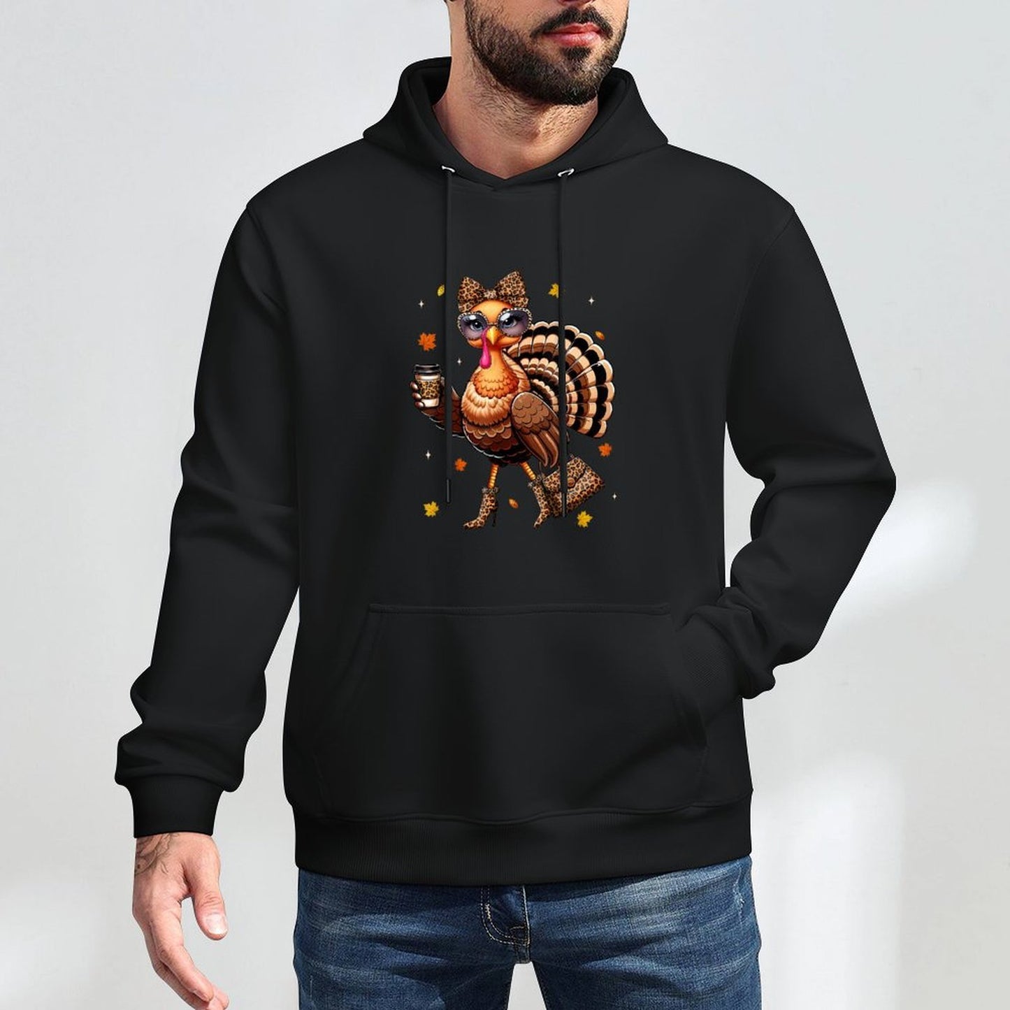 Leopard Turkey Drinking Coffee Thanksgiving Women Turkey Day Cotton-Polyester Blend Hoodie