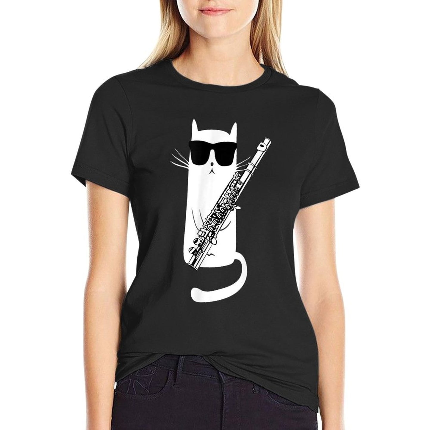 Funny Cat Wearing Sunglasses Playing Flute T-Shirt
