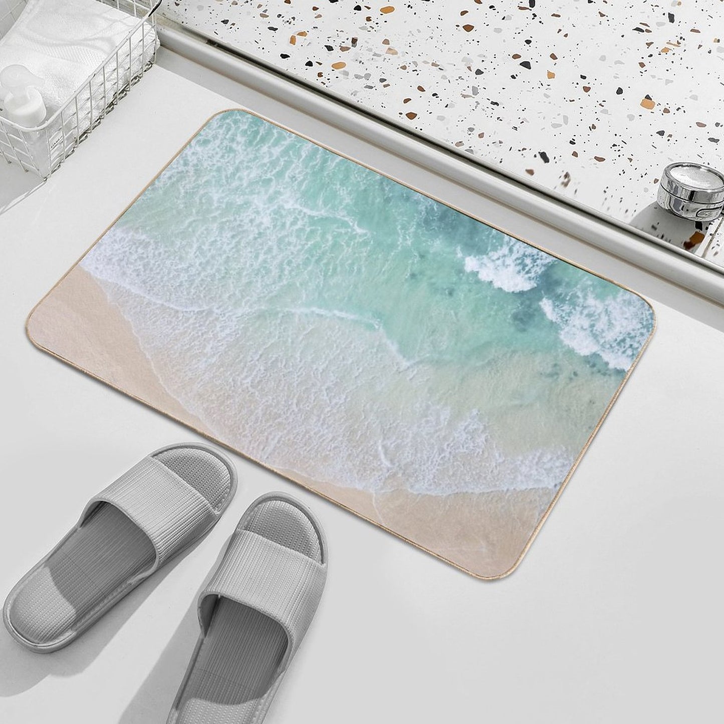 Green And White Lace Beach Sand And Seashore Waves Bath Mat