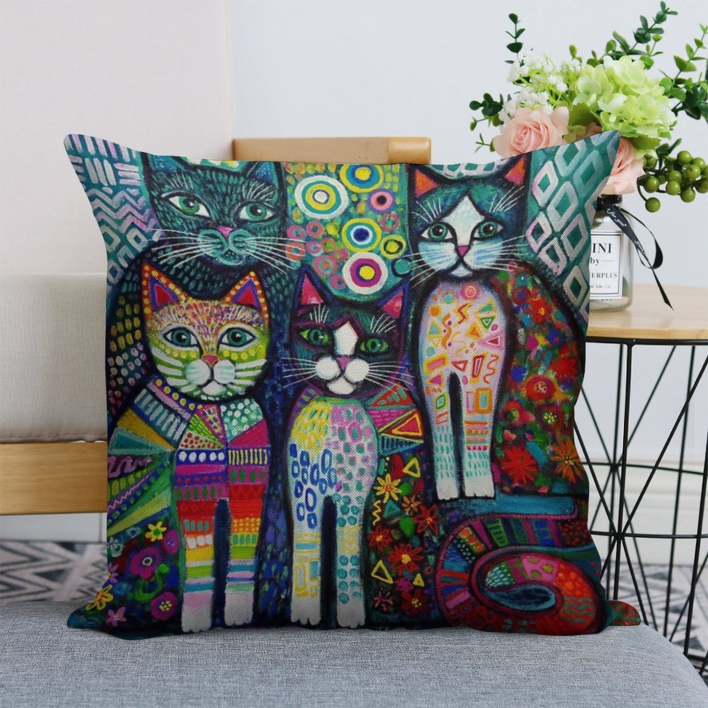Quirky Cats Linen Throw Pillow Cover