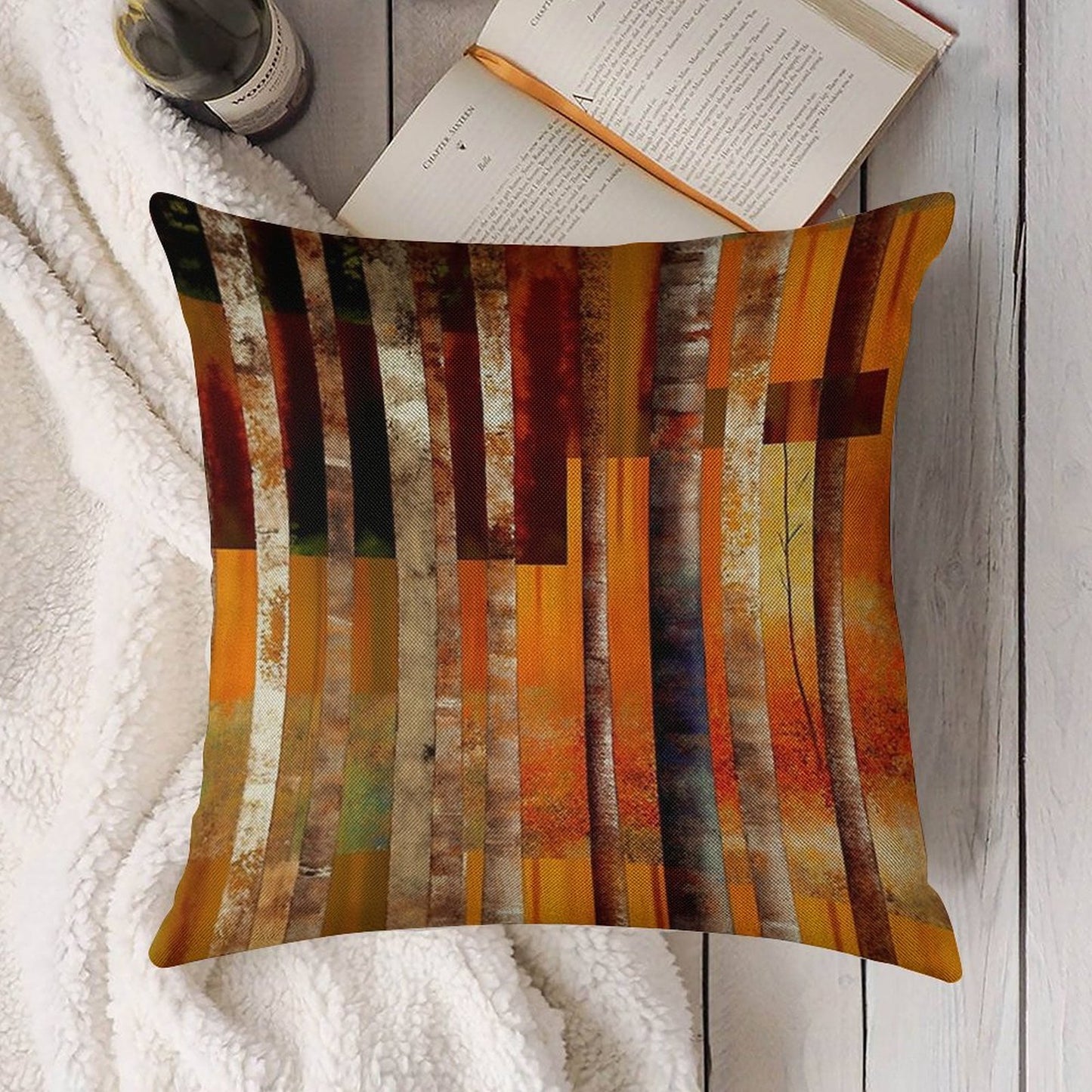 Abstract Forest Orange Stripes Linen Throw Pillow Cover