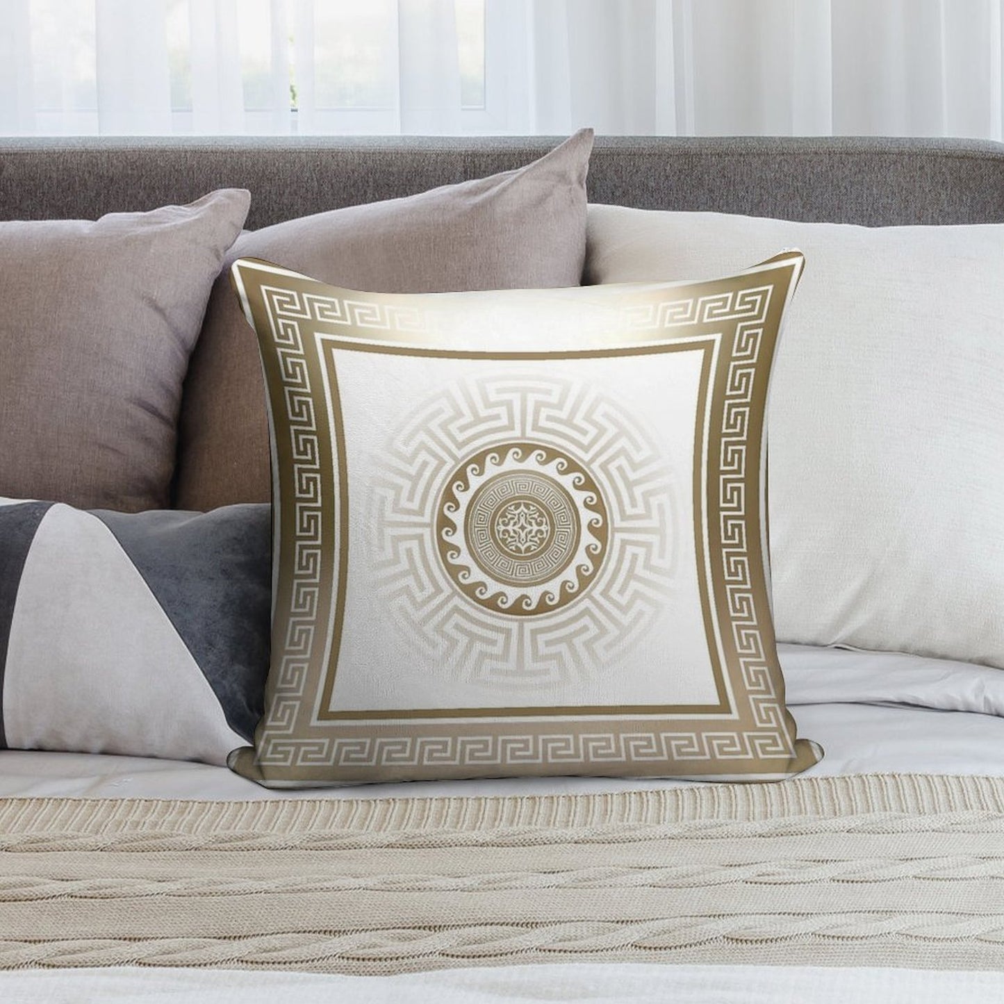 Greek Key Meander Bronze White Soft Fade-Resistant Throw Pillow
