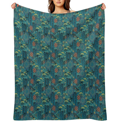 Japanese Garden in Teal Gold Red And Black Throw Blanket