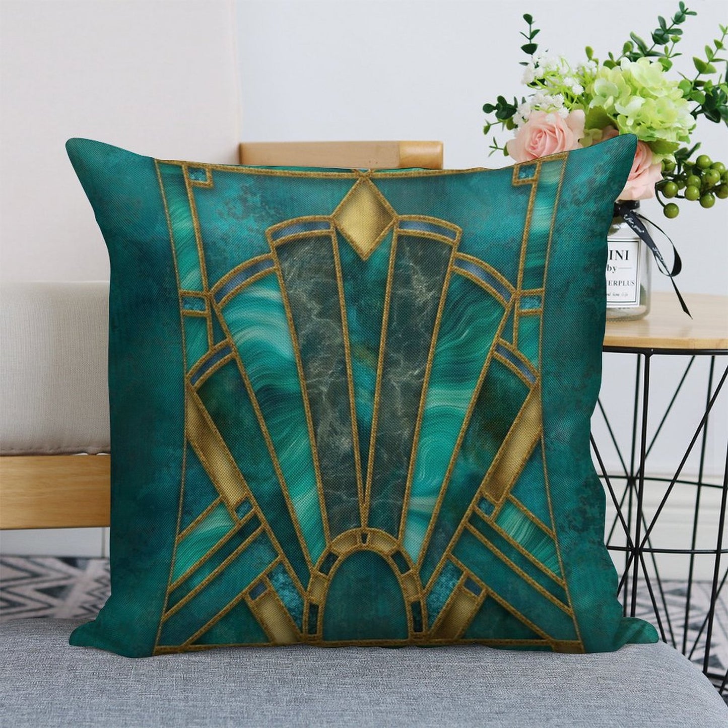 Elegant Stained Glass Art Deco Window With Marble And Gemstone Linen Throw Pillow Cover