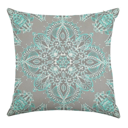 Teal And Aqua Lace Mandala on Grey Linen Throw Pillow Cover