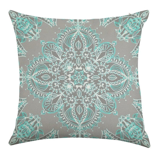 Teal And Aqua Lace Mandala on Grey Linen Throw Pillow Cover