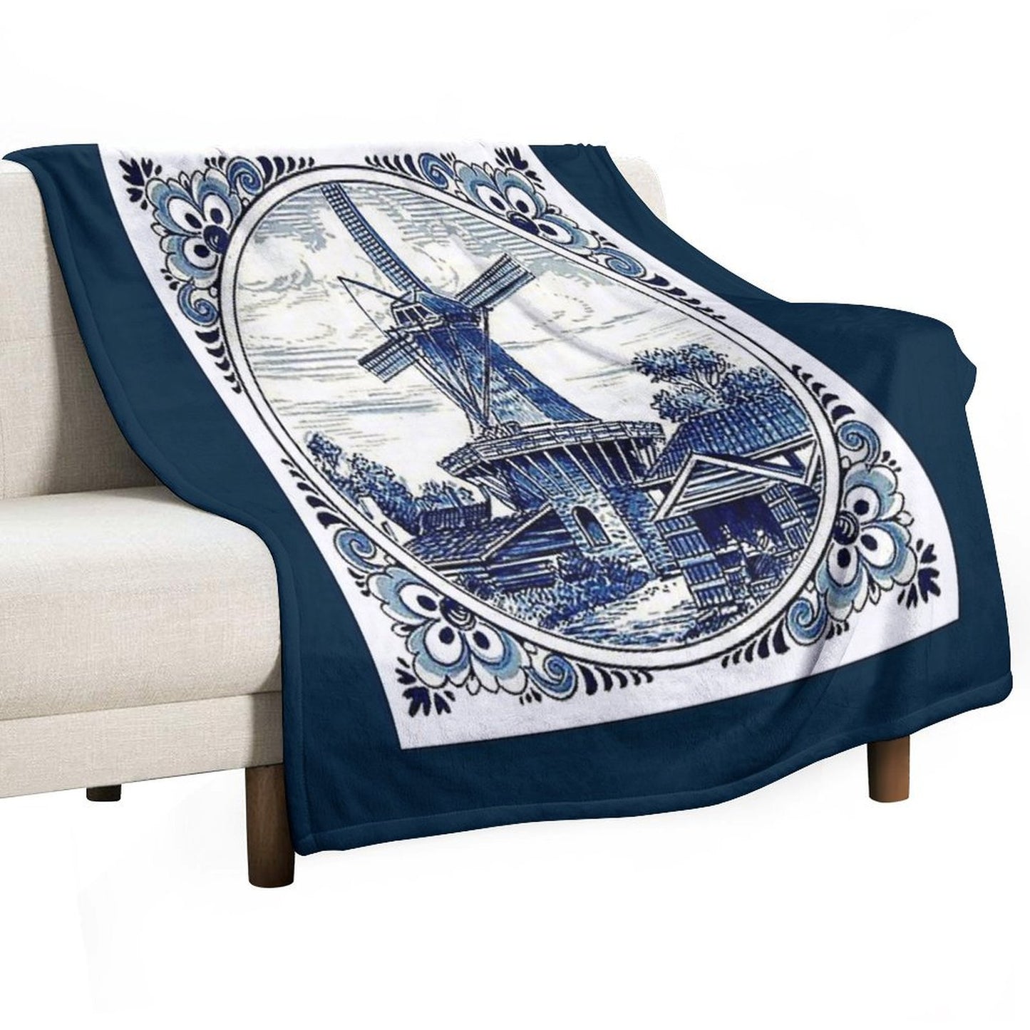 DUTCH BLUE DELFT  Vintage Windmill  Print Throw Blanket
