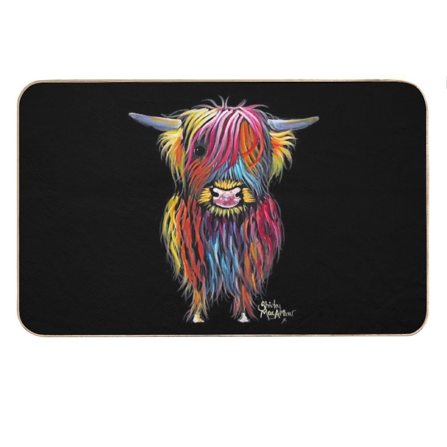 Scottish Hairy Highland Cow ' BRAVE ONe ' by Shirley MacArthur Bath Mat