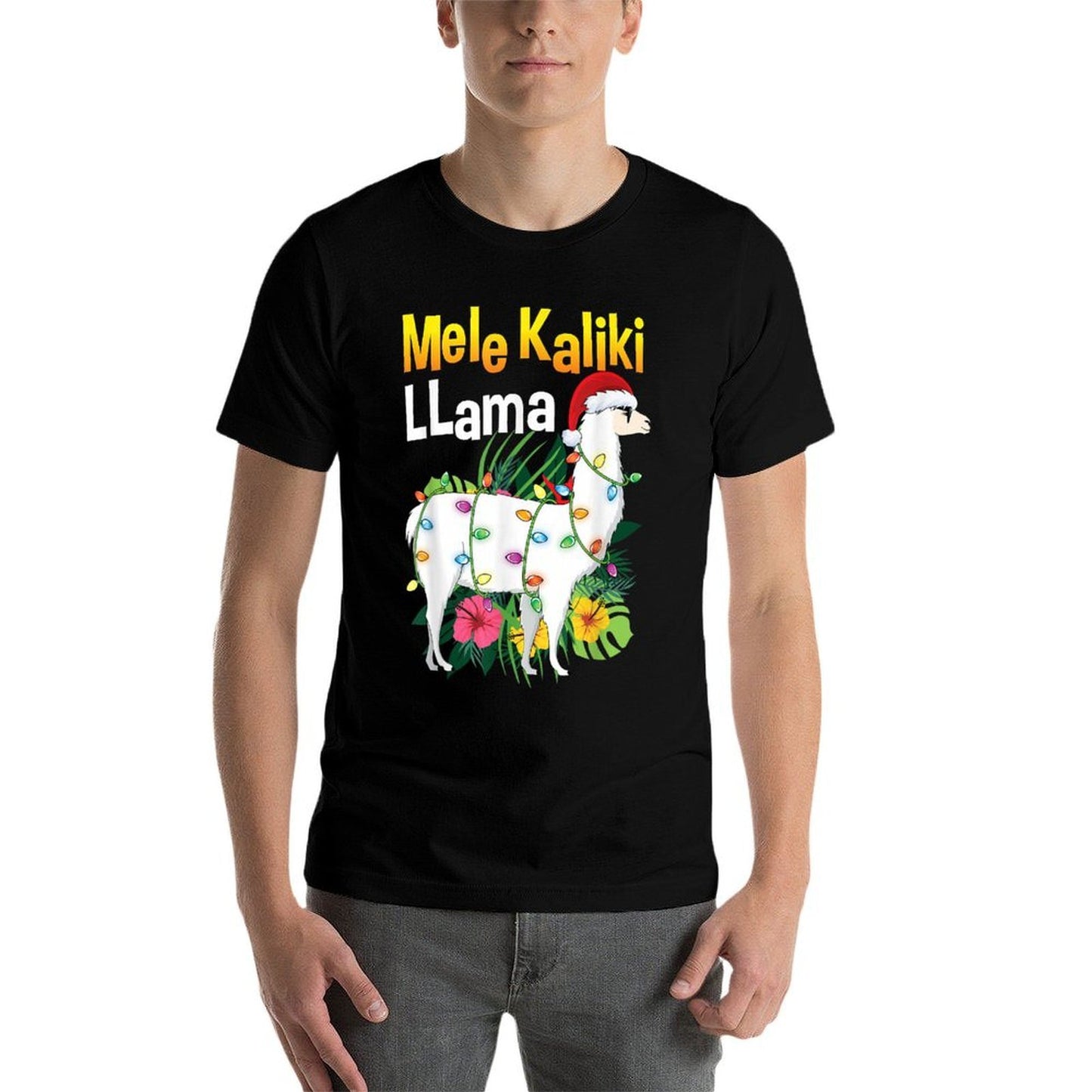 Mele Kalikimaka Christmas Hawaiian Llama X-Mas Lights  Rolled Sleeves T-Shirt