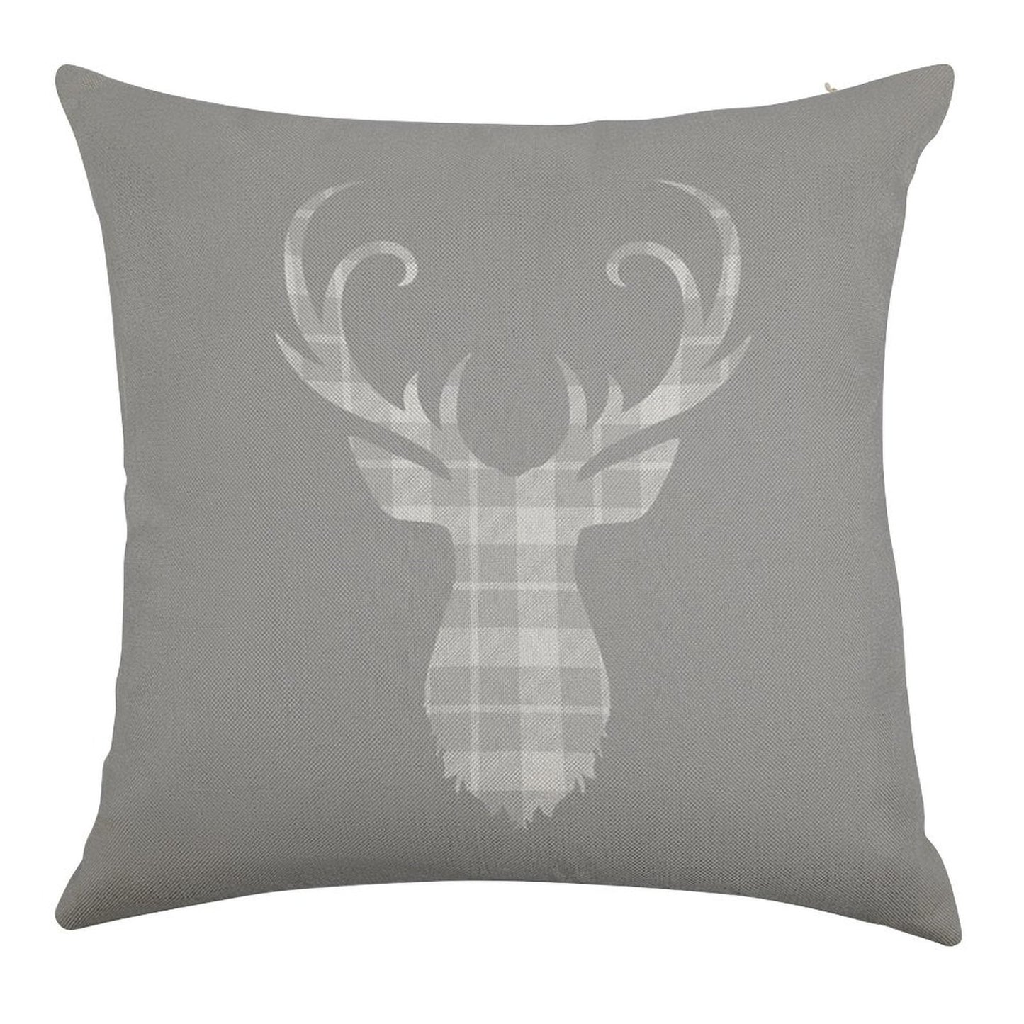 Grey Tartan Stag Head Linen Throw Pillow Cover