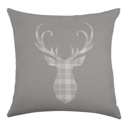 Grey Tartan Stag Head Linen Throw Pillow Cover