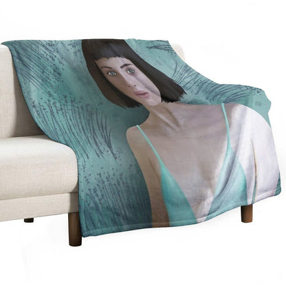 Woman Portrait in Teal Dress – Modern Digital Art Throw Blanket