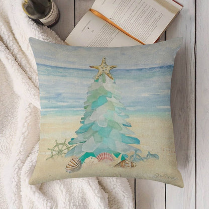 Coastal Seaglass Christmas Tree B Linen Throw Pillow Cover