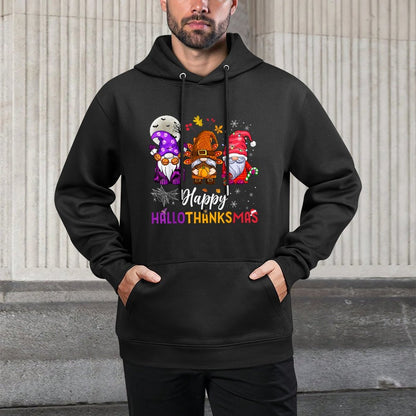 Happy Hallothanksmas Gnomes Lover Halloween Merry Christmas Shrink-Resistant Hoodie