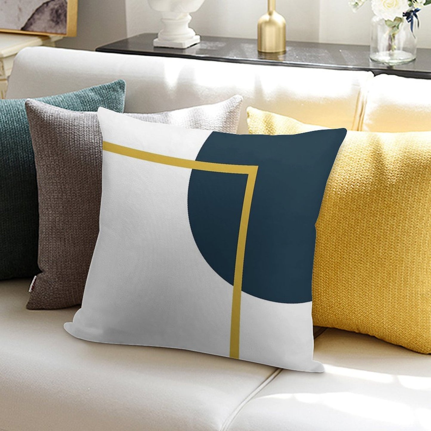 Abstract Geometric Minimalist Navy Blue, Light Mustard Yellow, And White Soft Easy Maintenance Throw Pillow