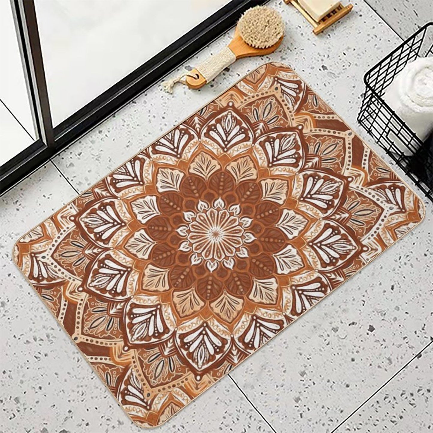 Boho Mandala in Monochrome Brown And Cream Bath Mat