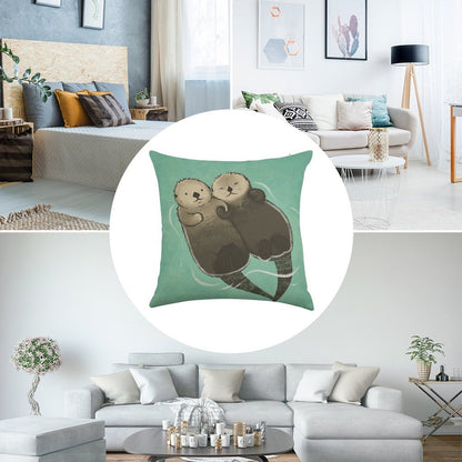 Significant Otters - Otters Holding Hands Linen Throw Pillow Cover