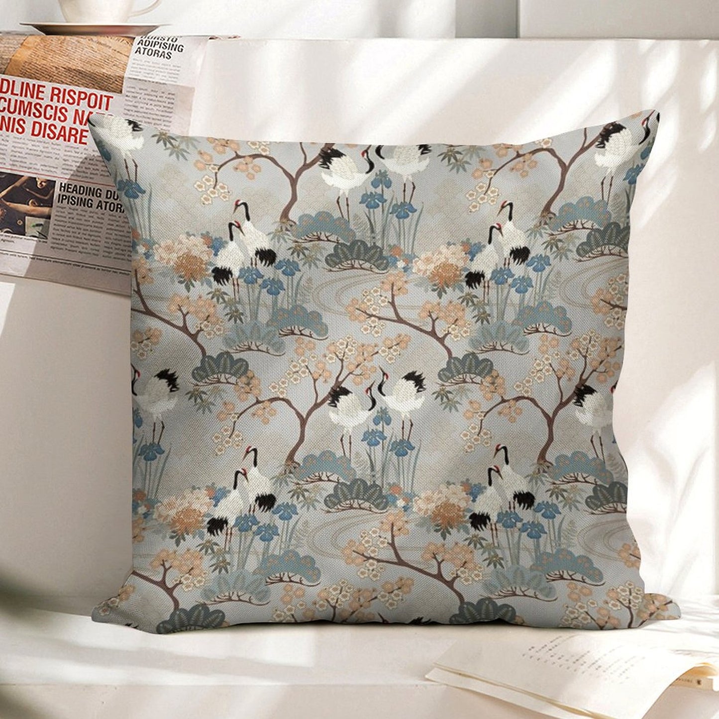 Japanese Garden Gray Linen Throw Pillow Cover