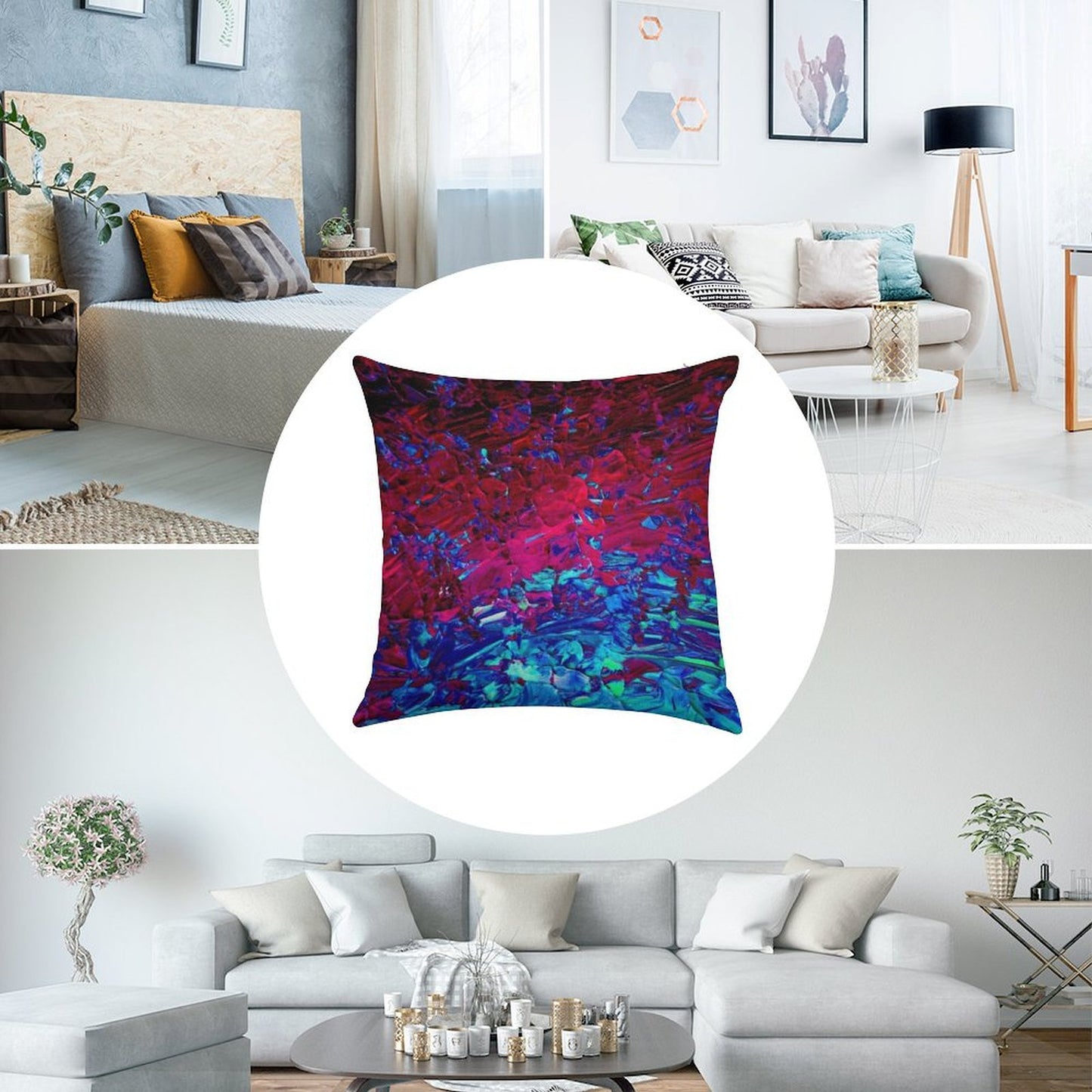 ETERNAL TIDE Bold Rich Colorful Deep Purple Fuchsia Magenta Turquoise Royal Blue Ombre Waves Abstract Acrylic Painting Linen Throw Pillow Cover