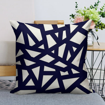 Navy Blue Thick Mosaic Lines On White Linen Throw Pillow Cover