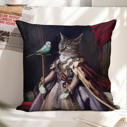 Cat And Budgie Portrait -  Big Cat And Cyril Linen Throw Pillow Cover