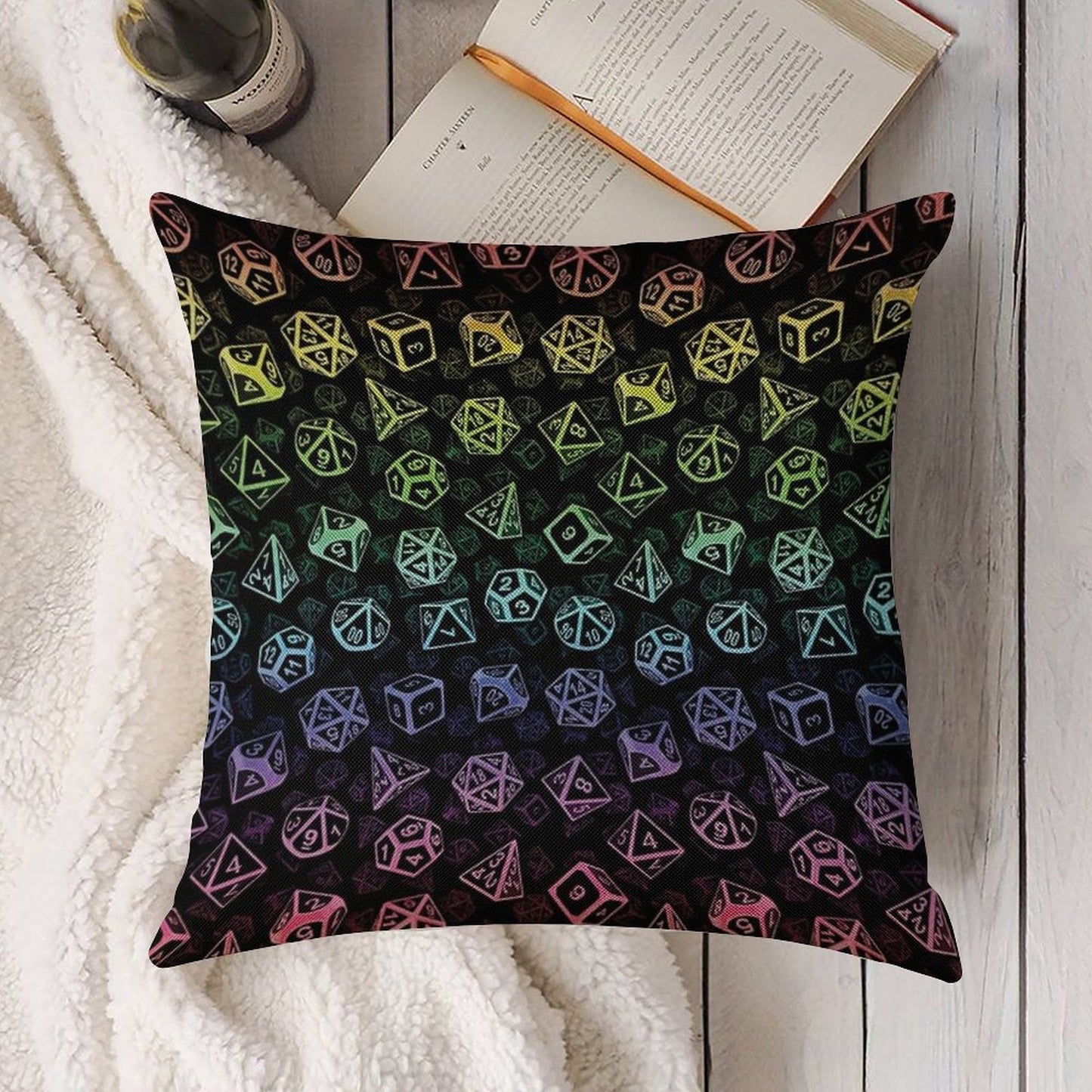 D20 Dice Set Pattern (Rainbow) Linen Throw Pillow Cover