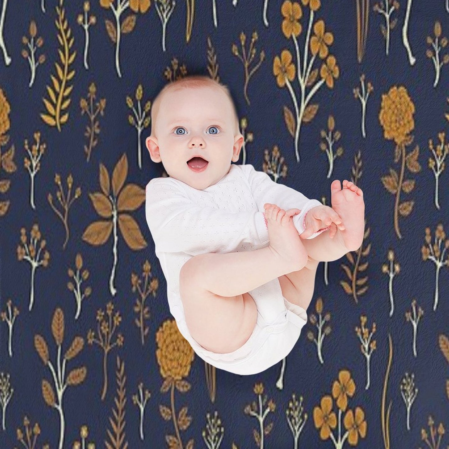 Navy Blue & Mustard Yellow Floral Pattern Throw Blanket