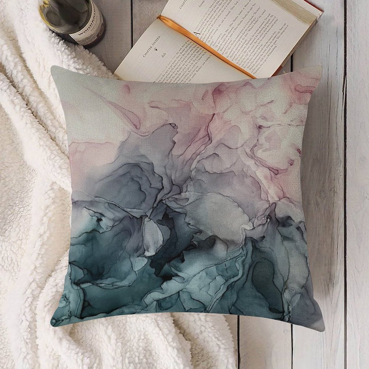 Blush And Payne's Grey Flowing Abstract Painting Linen Throw Pillow Cover