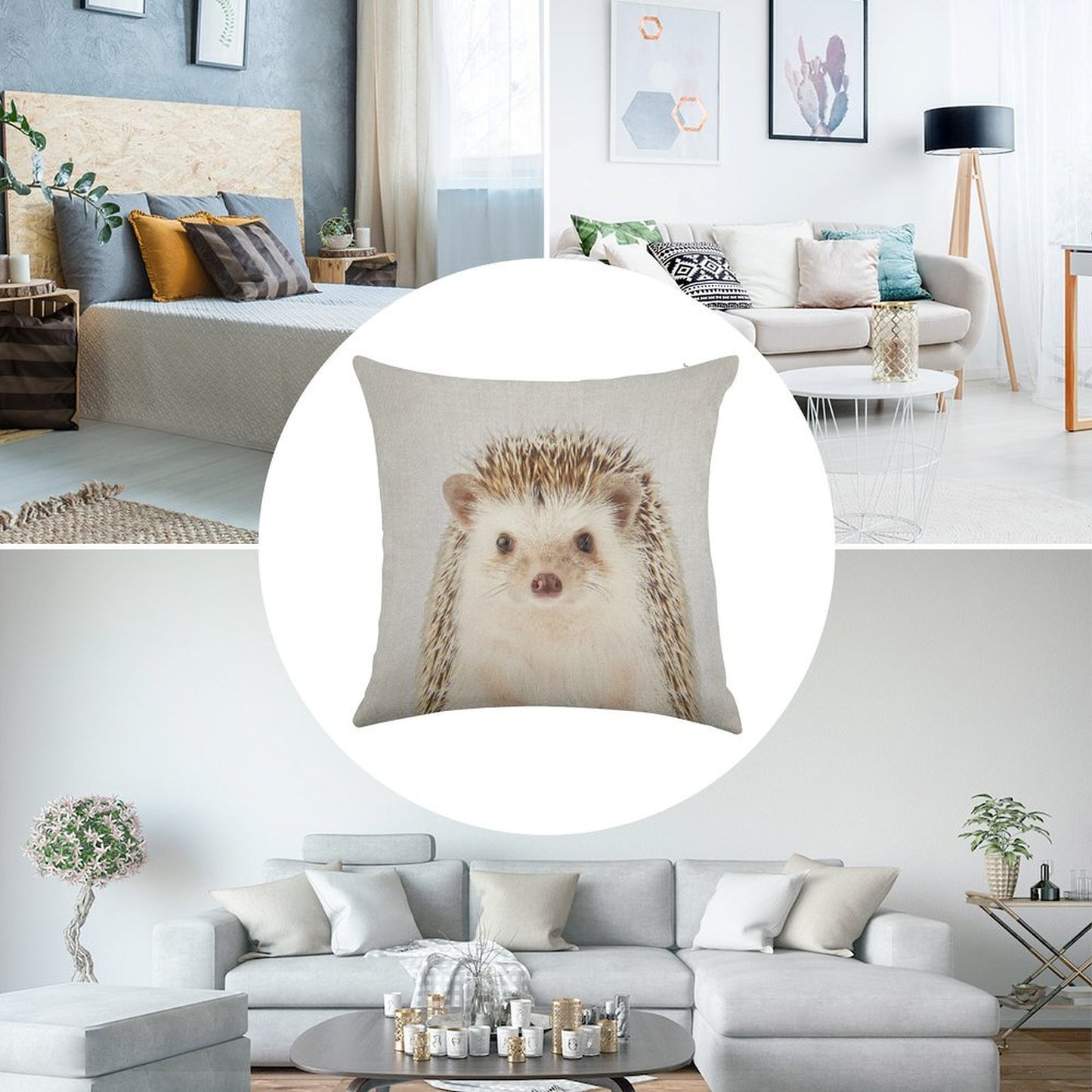 Hedgehog - Colorful Linen Throw Pillow Cover
