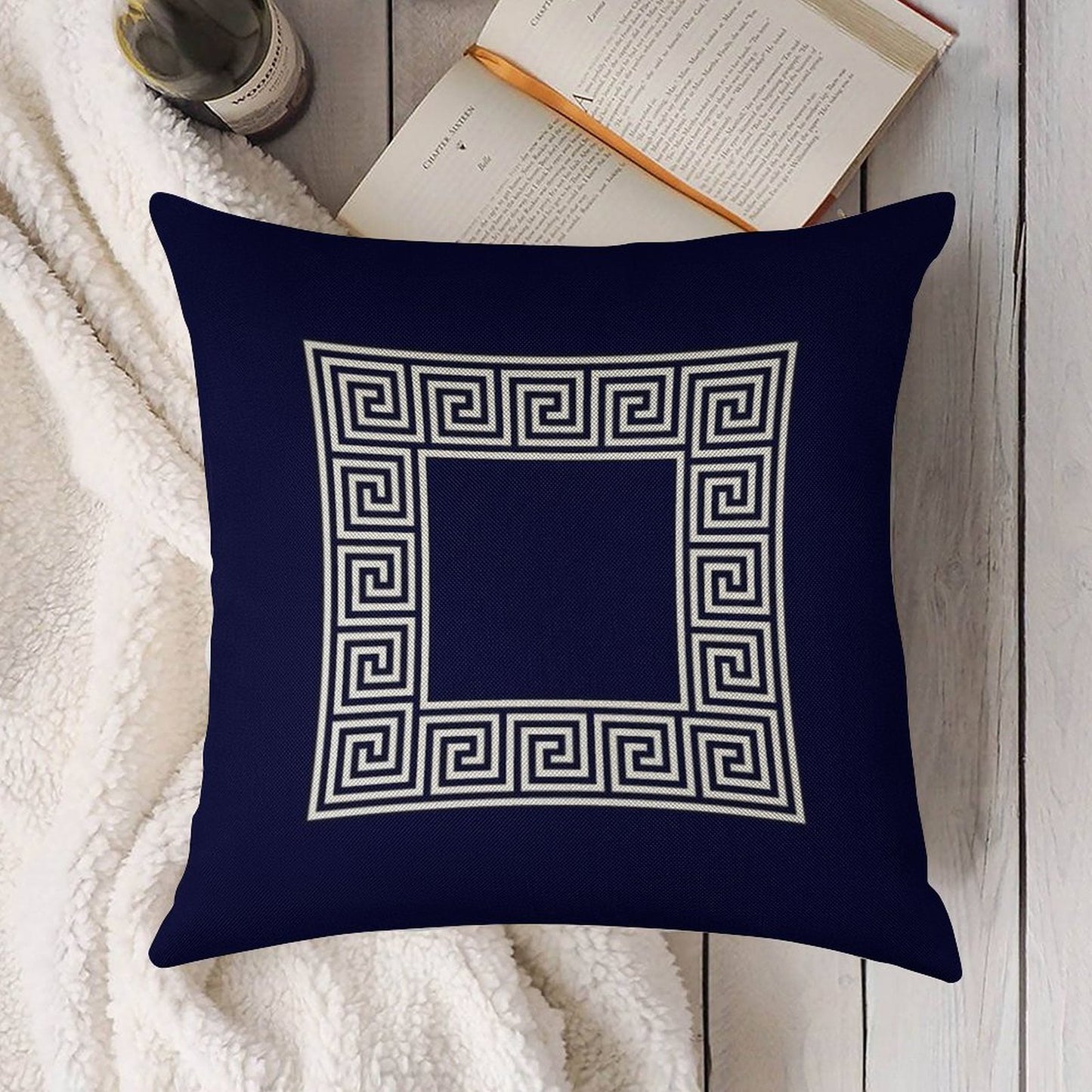 Navy Blue Greek Key Meander Square Linen Throw Pillow Cover