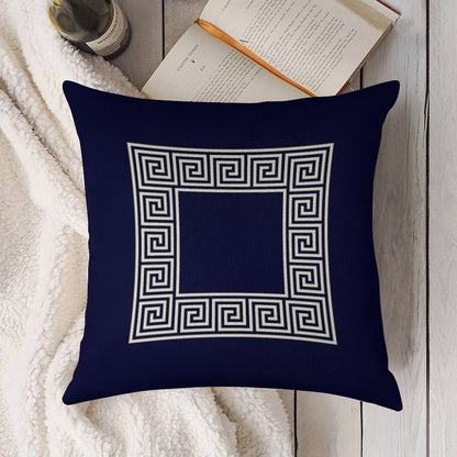 Navy Blue Greek Key Meander Square Linen Throw Pillow Cover