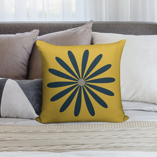 Big Daisy in Navy Blue And Grey on Light Mustard Yellow. Minimalist Mid Century Modern Geometric Retro Floral Soft Multiple Sizes Throw Pillow