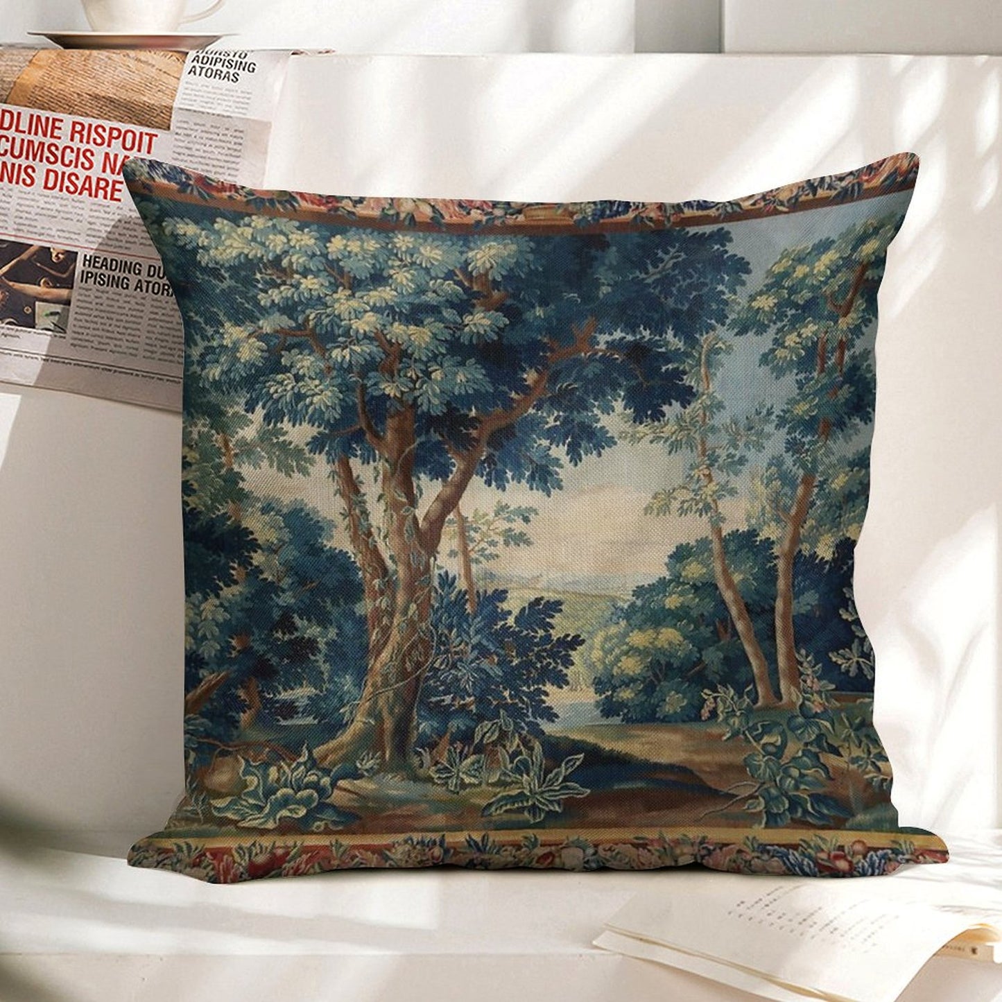 GREENERY, TREES IN WOODLAND LANDSCAPE Antique Flemish Tapestry Linen Throw Pillow Cover