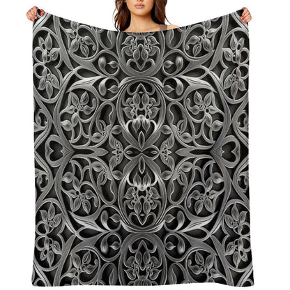 Luxurious Filigree Fern 3D Print - Silver And Black Designer Pattern for A Modern Classic Glam Home VI Throw Blanket