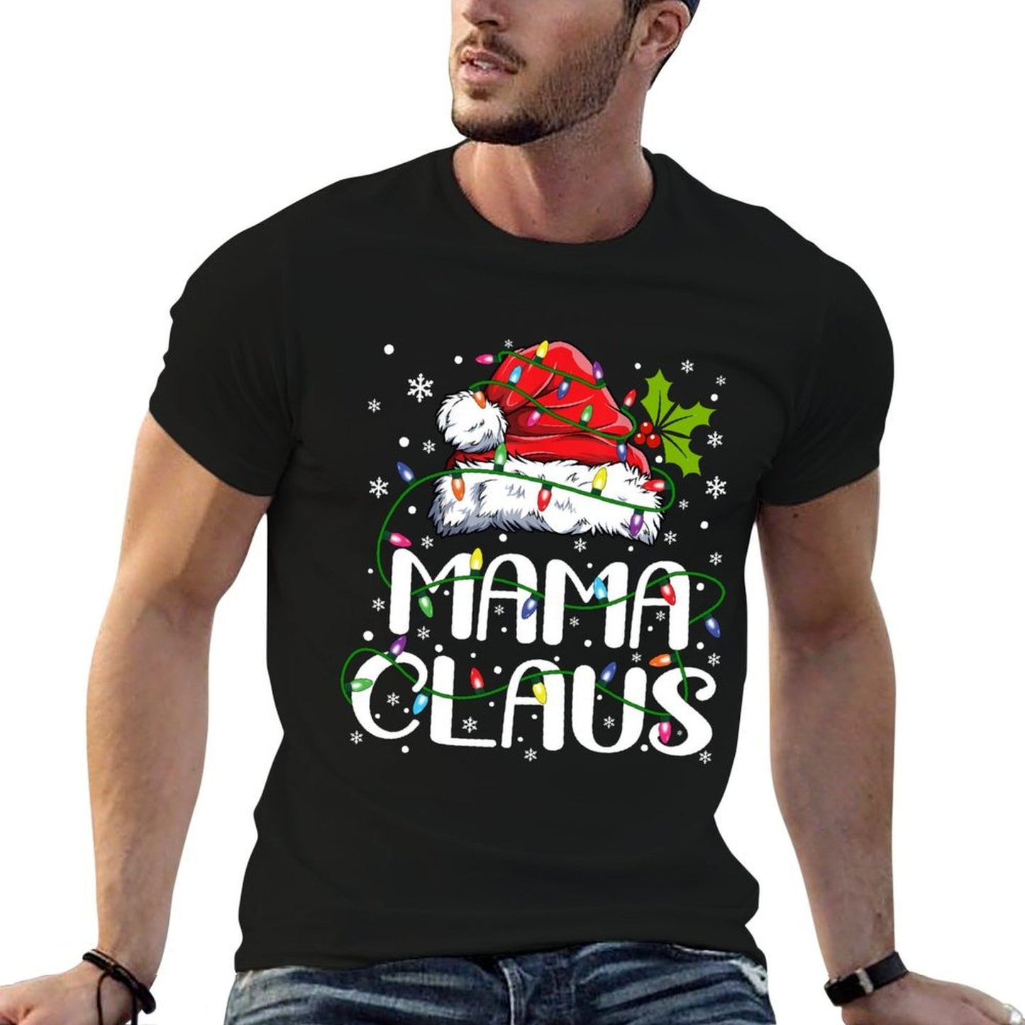 Mama Claus Christmas Lights Pajama Family Matching  Cotton T-Shirt