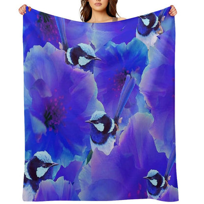 Bluetiful - Spot The Wren - Blossom Floral & Blue Wren Behind Black Throw Blanket