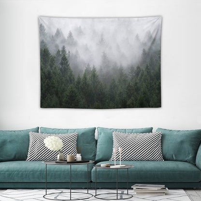 Home Is A Feeling   Misty Retro Fall Wilderness Fairytale Evergreen Forest With Trees Covered In Magic Fog Season Tapestry
