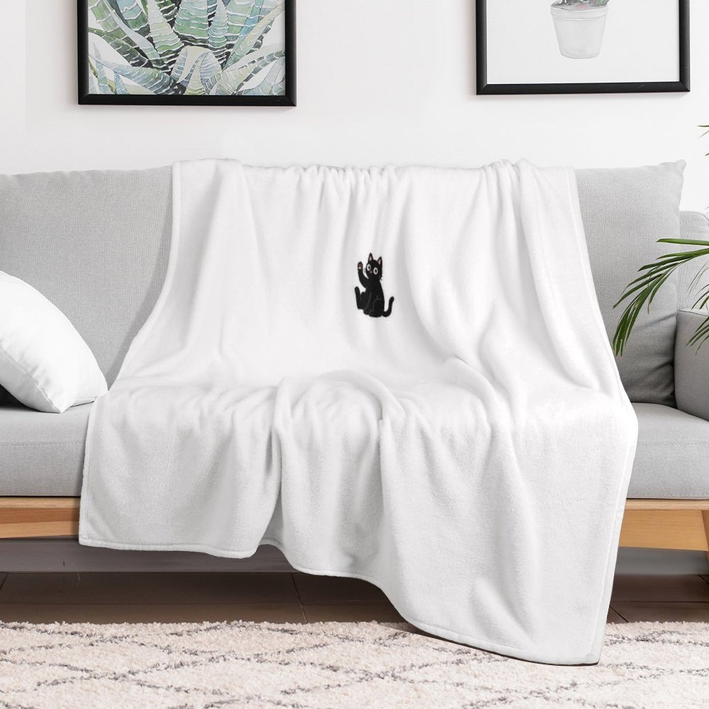 Waving Black Cat – Friendly Paw Sticker Throw Blanket